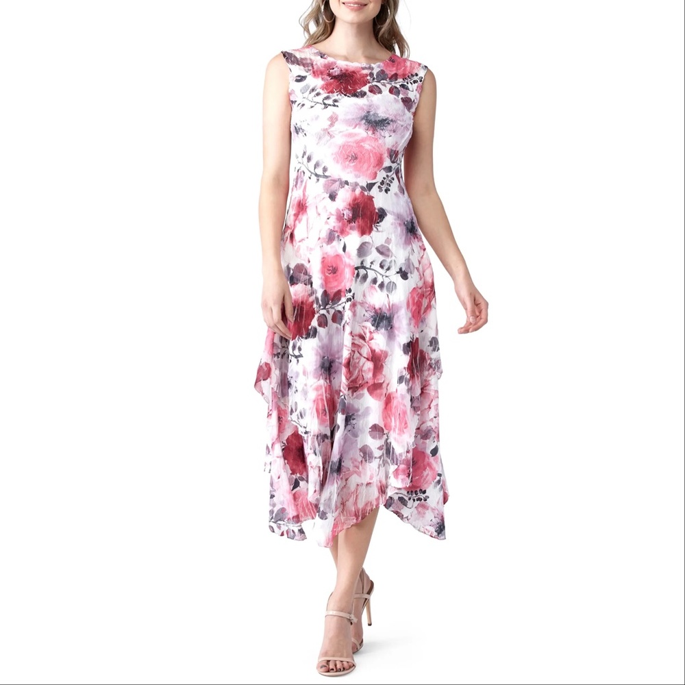 NEW Komarov Floral Print Sleeveless Asymmetrical Tiered Dress, Large